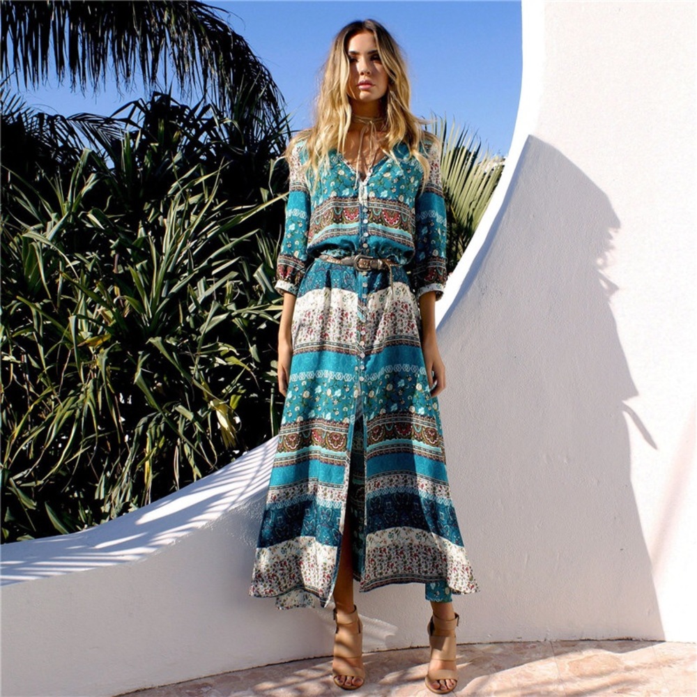 NWOT Turquoise Boho Spring Hippie Cute Maxi Dress - Picture 2 of 5